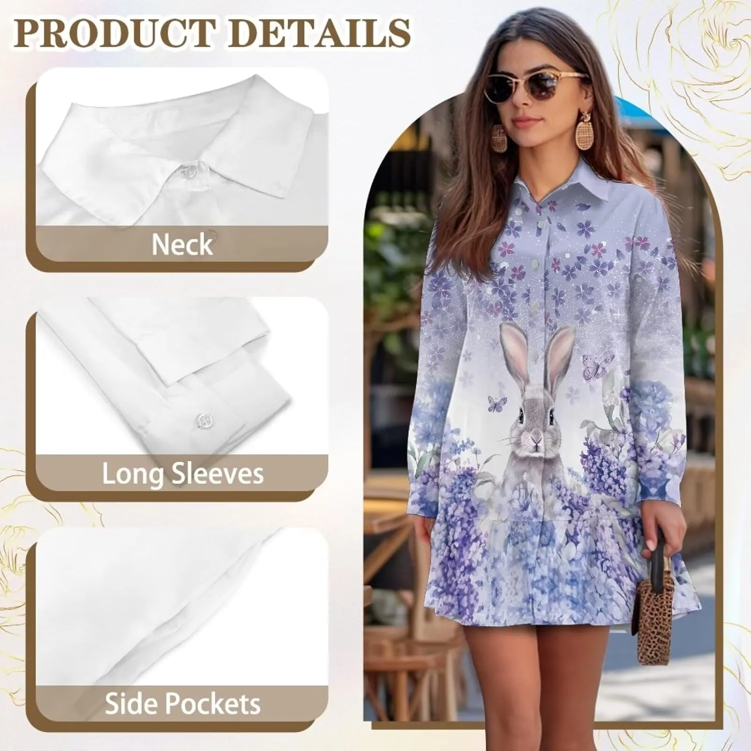 Womens Button Down Shirts Dress V Neck Long Sleeve Mini Dress Ruffle Hem Dress with Pocket