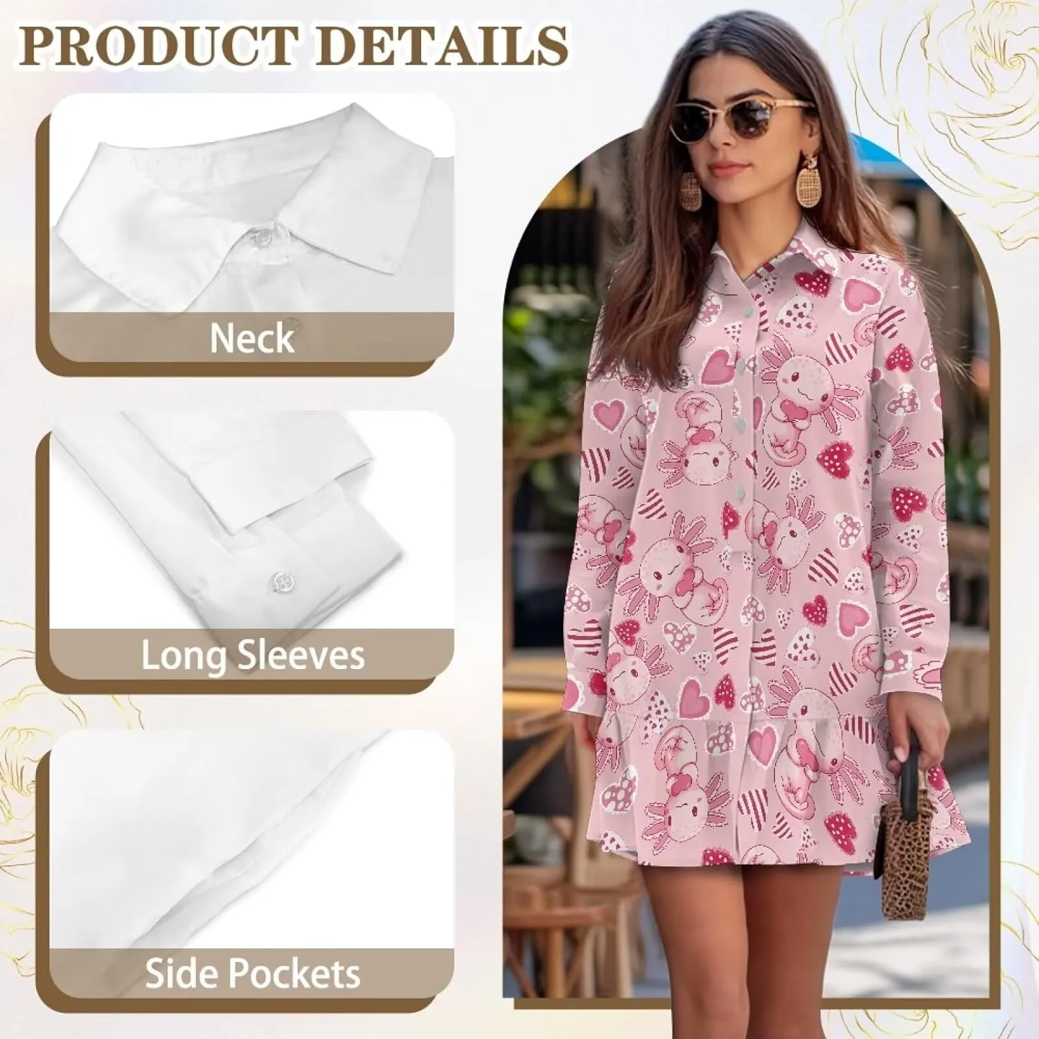 Womens Button Down Shirts Dress V Neck Long Sleeve Mini Dress Ruffle Hem Dress with Pocket