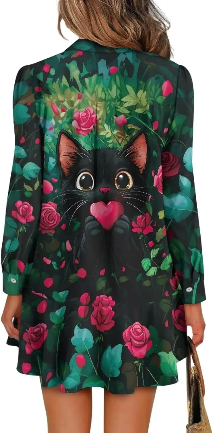 Womens Button Down Shirts Dress V Neck Long Sleeve Mini Dress Ruffle Hem Dress with Pocket