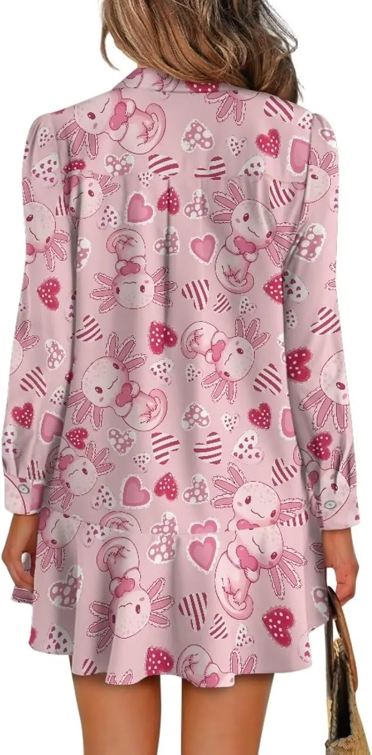 Womens Button Down Shirts Dress V Neck Long Sleeve Mini Dress Ruffle Hem Dress with Pocket