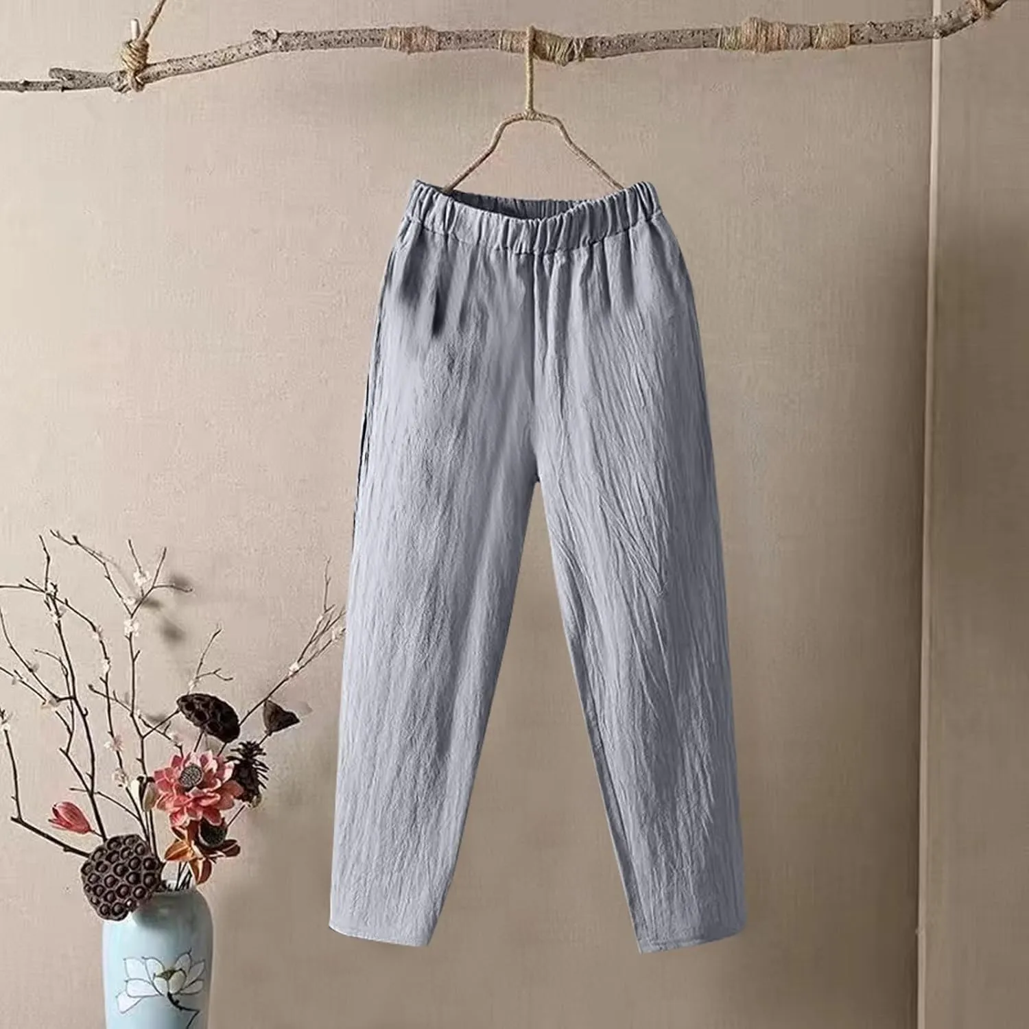 Womens Cargo Pants, Summer Casual Straight Leg Pants Peasant Linen Drawstring High