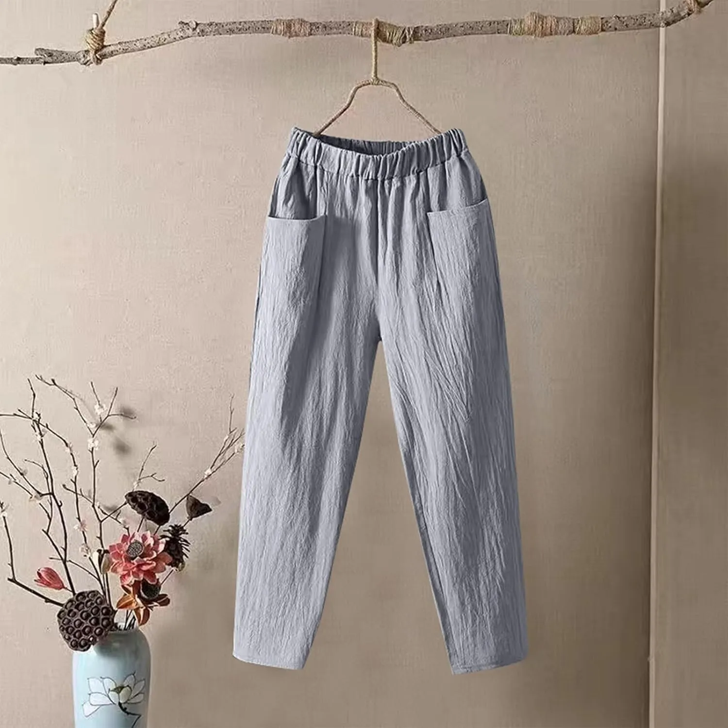 Womens Cargo Pants, Summer Casual Straight Leg Pants Peasant Linen Drawstring High