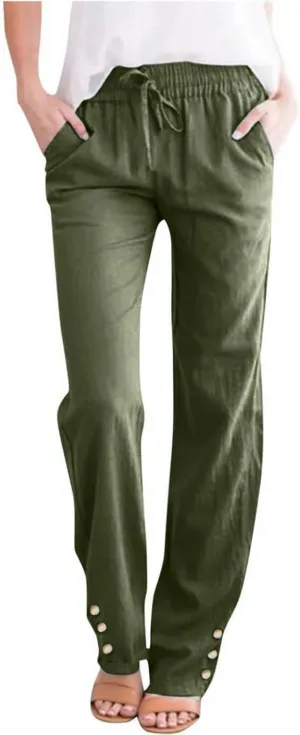 Womens Casual Cotton Linen Pants Lightweight Summer Loose Fit Elastic Waist Plus Size Solid Lounge Long Trousers