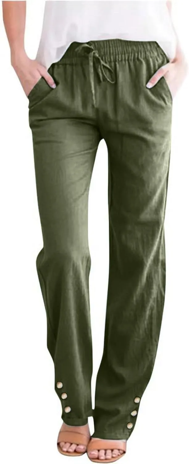 Womens Casual Cotton Linen Pants Lightweight Summer Loose Fit Elastic Waist Plus Size Solid Lounge Long Trousers