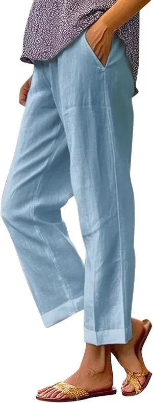 Women's Casual Cotton Linen Pants Solid Vintage Elastic Waisted Drawstring Summer Beach Baggy Capri with Pockets