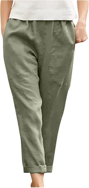Womens Casual Cotton Tapered Capri Cargo Pants Loose Elastic Waist Straight Ankle Cropped Trouser Slacks with Pockets