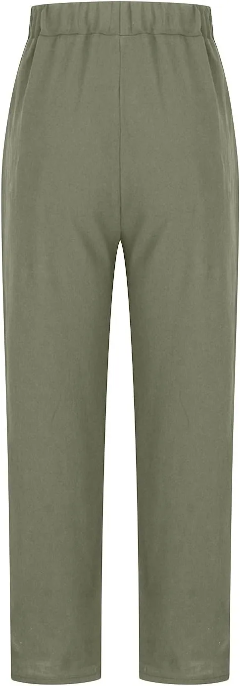 Womens Casual Cotton Tapered Capri Cargo Pants Loose Elastic Waist Straight Ankle Cropped Trouser Slacks with Pockets