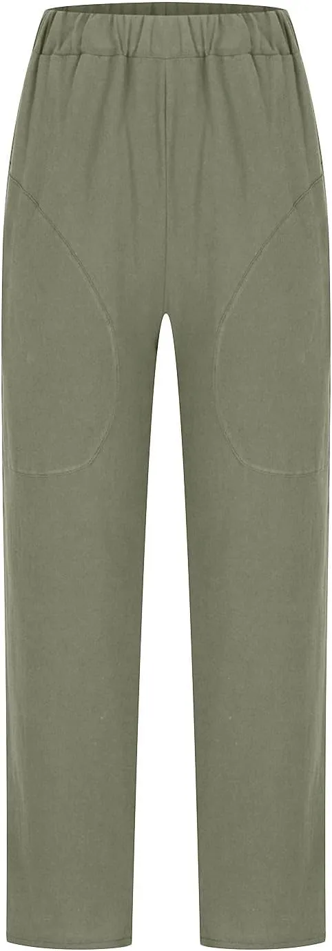 Womens Casual Cotton Tapered Capri Cargo Pants Loose Elastic Waist Straight Ankle Cropped Trouser Slacks with Pockets