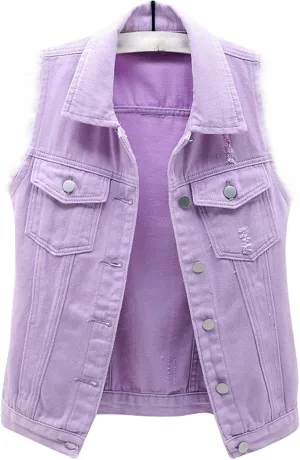 Women's Casual Denim Waistcoat Slim Fit Frayed Sleeveless Jacket Ripped Tops with Pockets