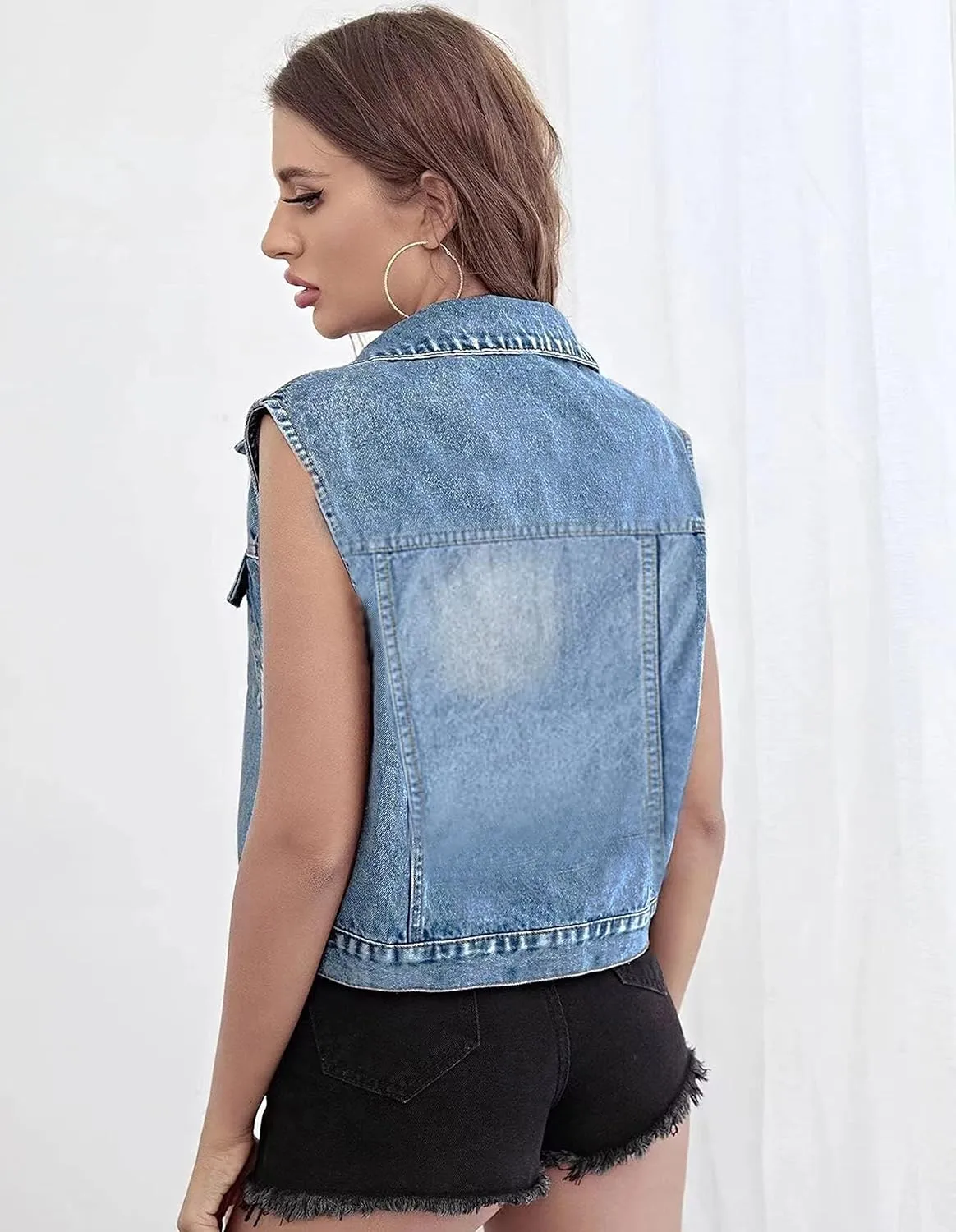 Women's Casual Denim Waistcoat Slim Fit Frayed Sleeveless Jacket Ripped Tops with Pockets