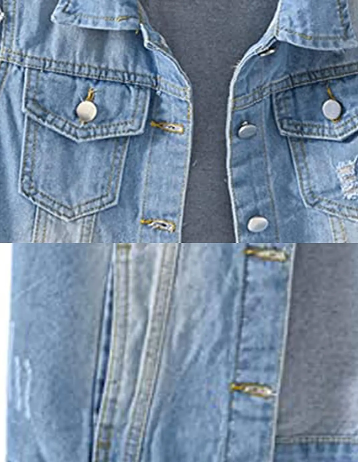 Women's Casual Denim Waistcoat Slim Fit Frayed Sleeveless Jacket Ripped Tops with Pockets