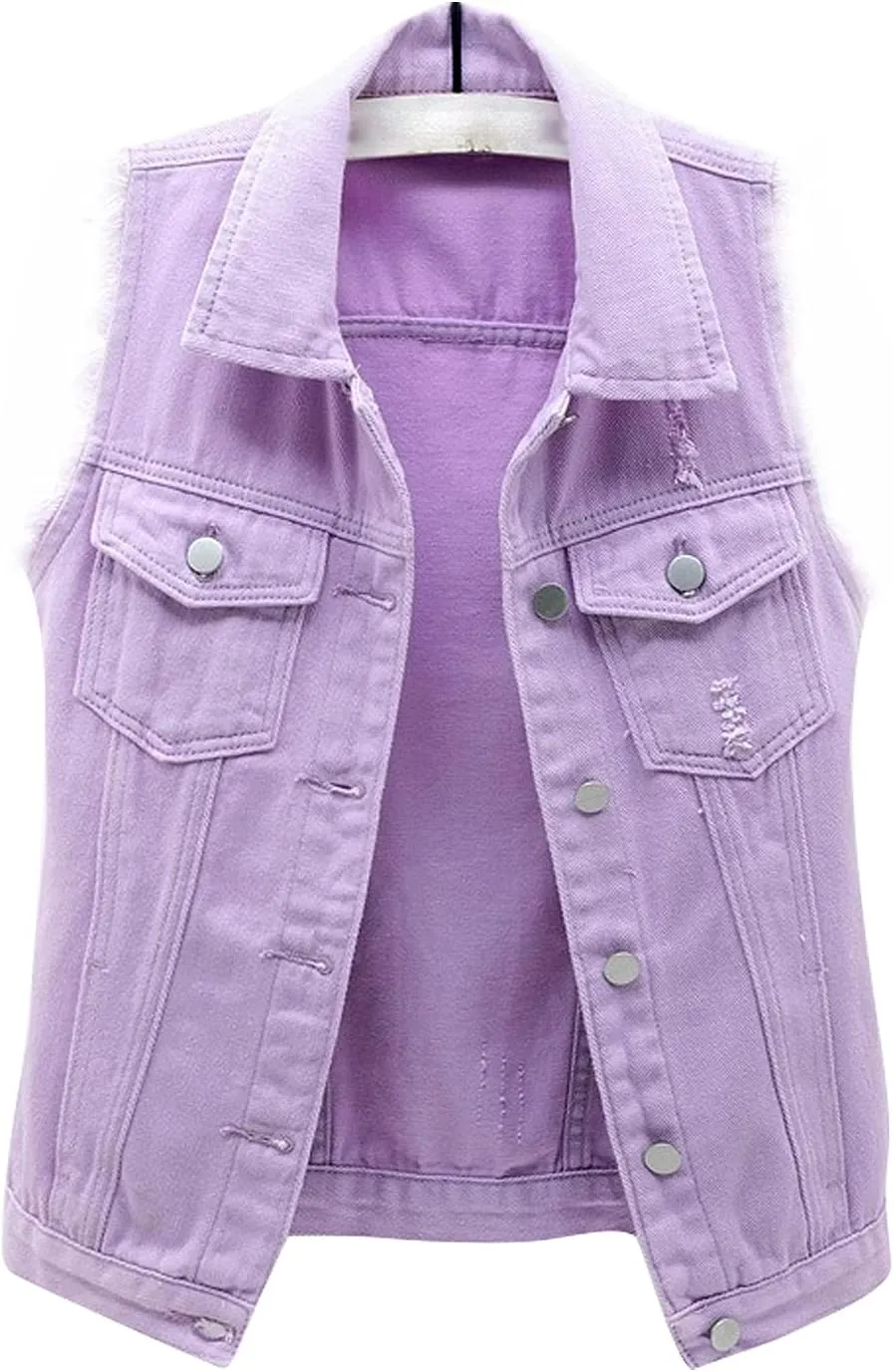 Women's Casual Denim Waistcoat Slim Fit Frayed Sleeveless Jacket Ripped Tops with Pockets
