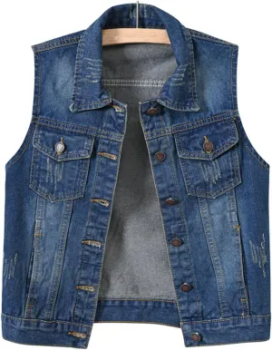 Women's Casual Denim Waistcoat Slim Fit Frayed Sleeveless Jacket Ripped Tops with Pockets