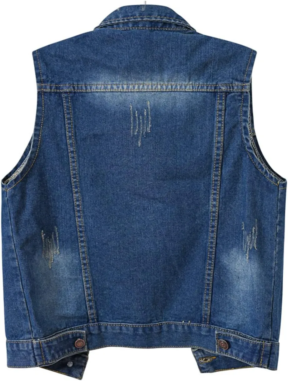 Women's Casual Denim Waistcoat Slim Fit Frayed Sleeveless Jacket Ripped Tops with Pockets