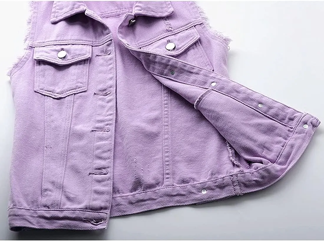 Women's Casual Denim Waistcoat Slim Fit Frayed Sleeveless Jacket Ripped Tops with Pockets