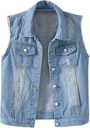 Women's Casual Denim Waistcoat Slim Fit Frayed Sleeveless Jacket Ripped Tops with Pockets