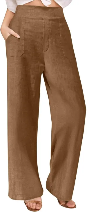 Womens Casual Linen High Waist Wide Leg Pants Summer Palazzo Flowy Boho Beach Vacation Lounge Trousers with Pockets