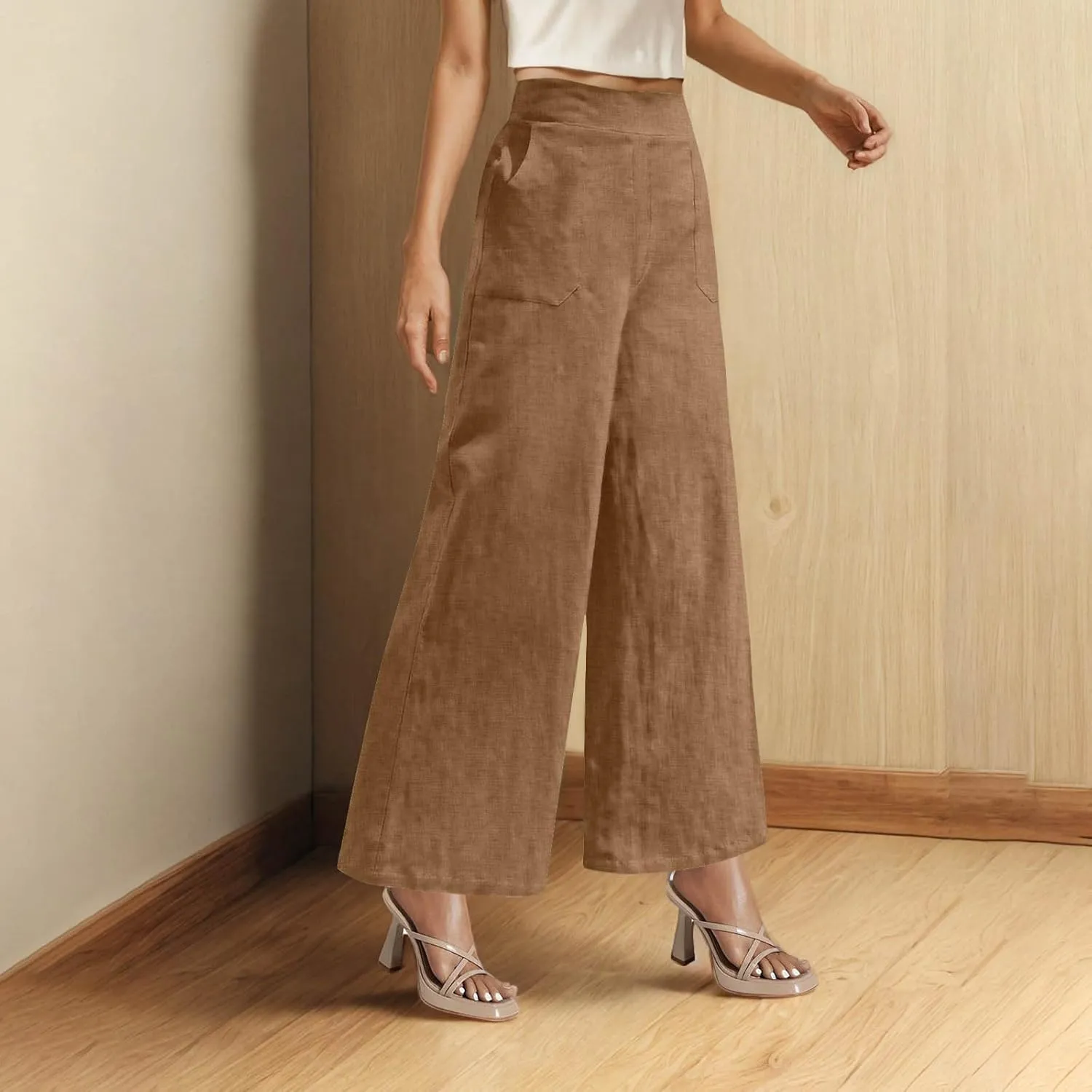 Womens Casual Linen High Waist Wide Leg Pants Summer Palazzo Flowy Boho Beach Vacation Lounge Trousers with Pockets