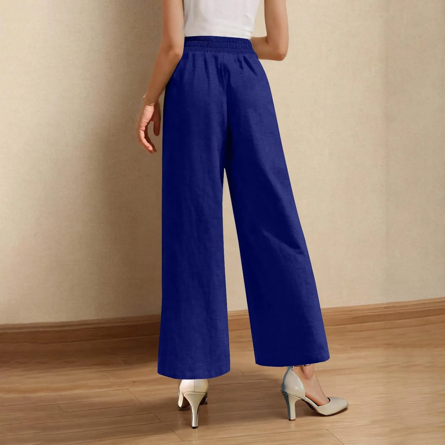 Womens Casual Linen High Waist Wide Leg Pants Summer Palazzo Flowy Boho Beach Vacation Lounge Trousers with Pockets