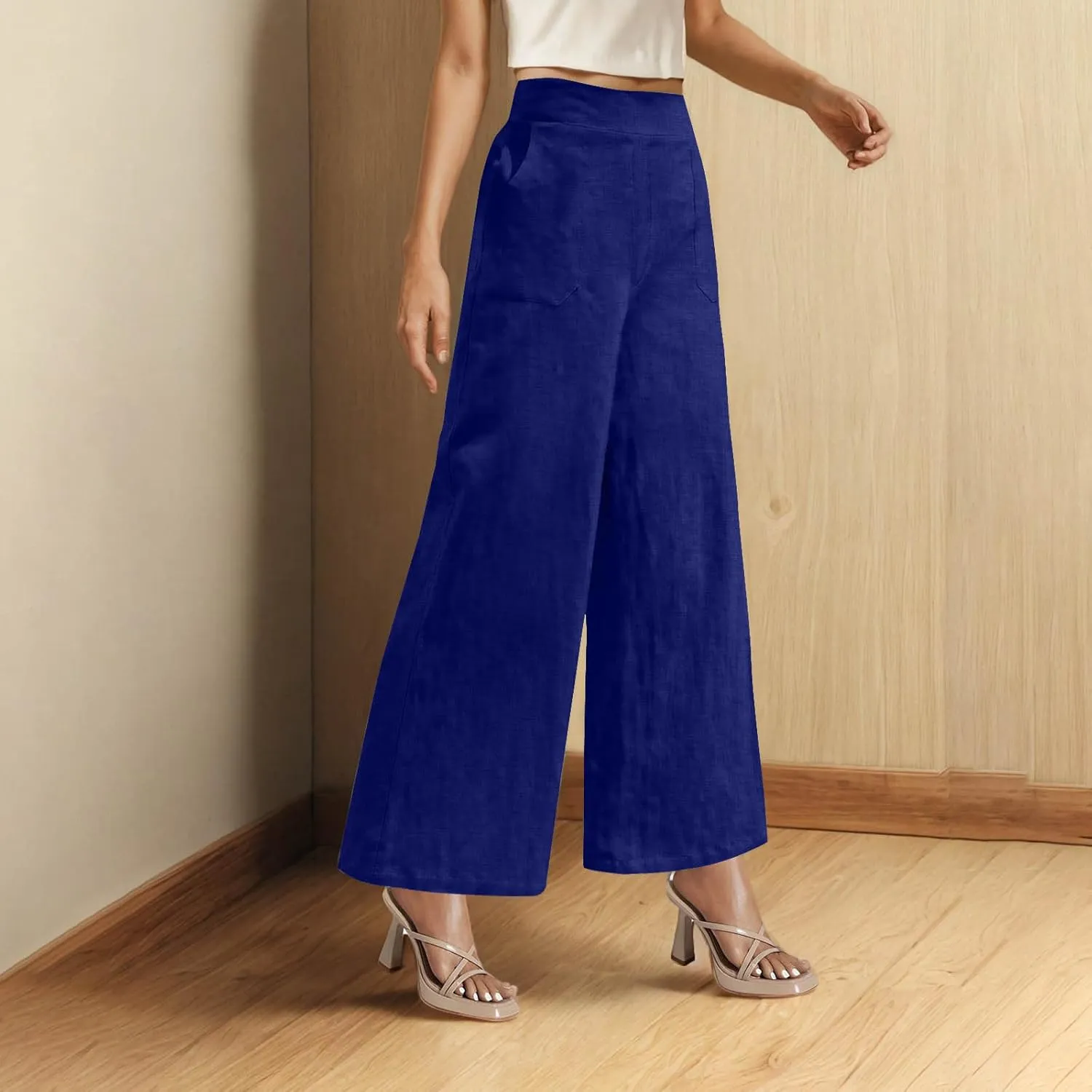Womens Casual Linen High Waist Wide Leg Pants Summer Palazzo Flowy Boho Beach Vacation Lounge Trousers with Pockets