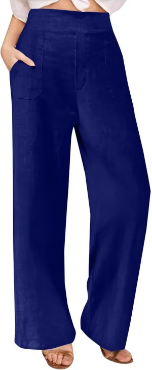 Womens Casual Linen High Waist Wide Leg Pants Summer Palazzo Flowy Boho Beach Vacation Lounge Trousers with Pockets
