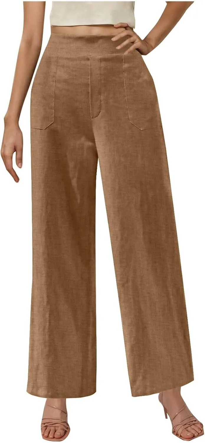 Womens Casual Linen High Waist Wide Leg Pants Summer Palazzo Flowy Boho Beach Vacation Lounge Trousers with Pockets