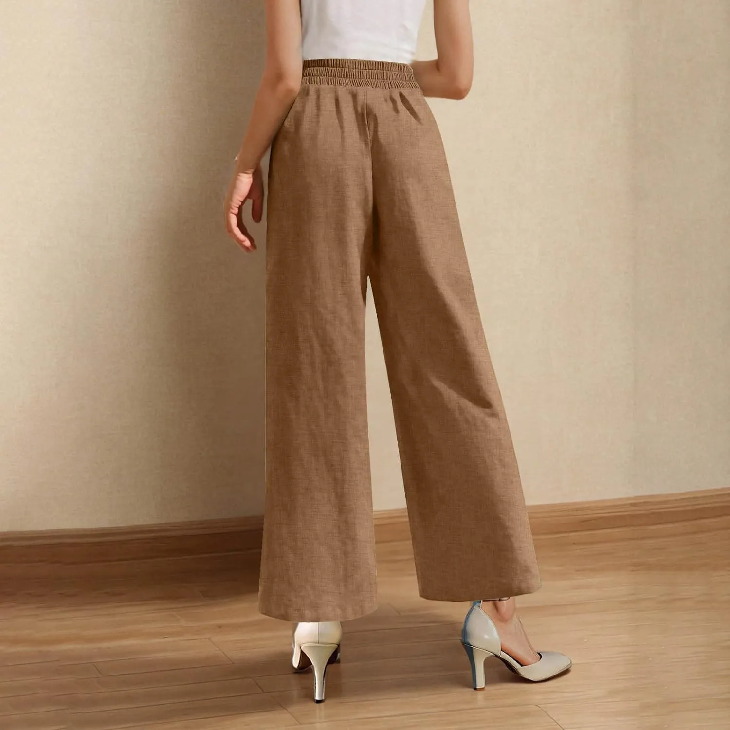 Womens Casual Linen High Waist Wide Leg Pants Summer Palazzo Flowy Boho Beach Vacation Lounge Trousers with Pockets
