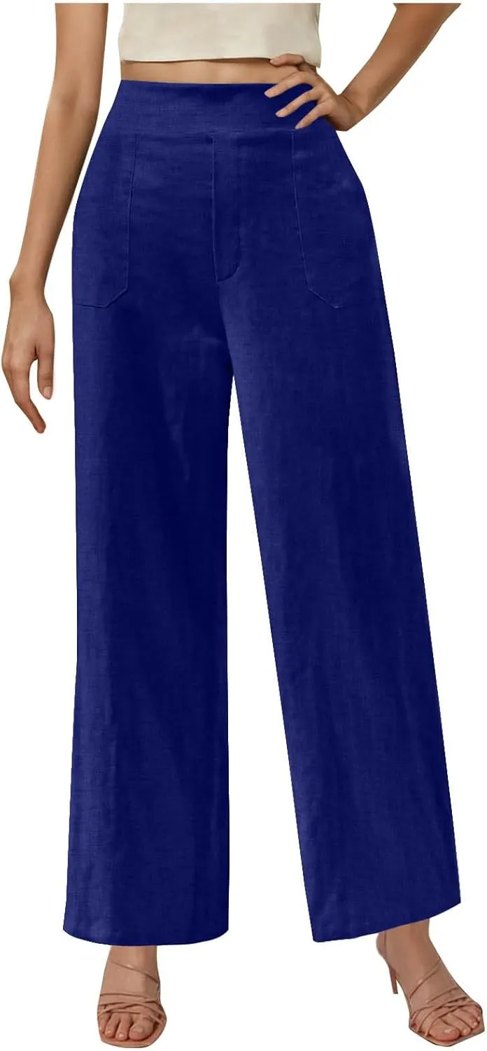 Womens Casual Linen High Waist Wide Leg Pants Summer Palazzo Flowy Boho Beach Vacation Lounge Trousers with Pockets