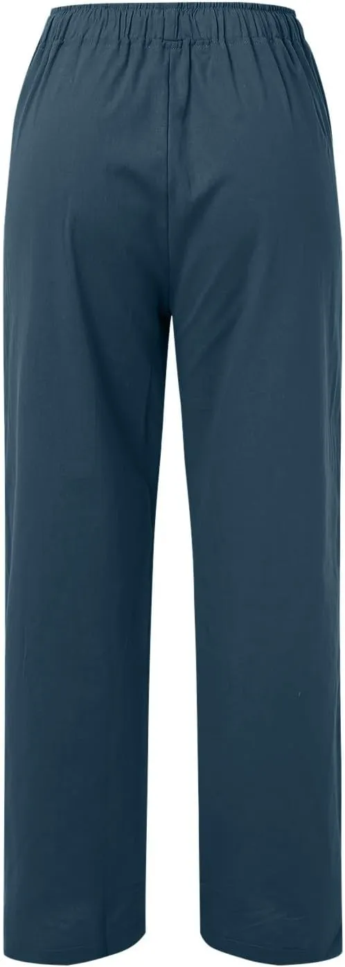 Womens Casual Linen Pants Baggy High Waist Drawstring Straight Leg Pants Summer Lounge Trousers with Pockets