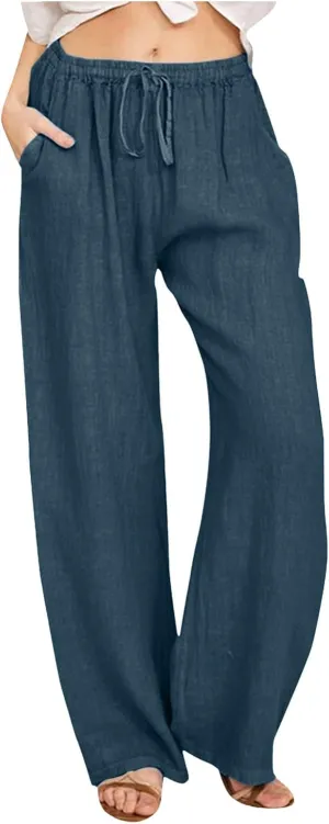 Womens Casual Linen Pants Baggy High Waist Drawstring Straight Leg Pants Summer Lounge Trousers with Pockets