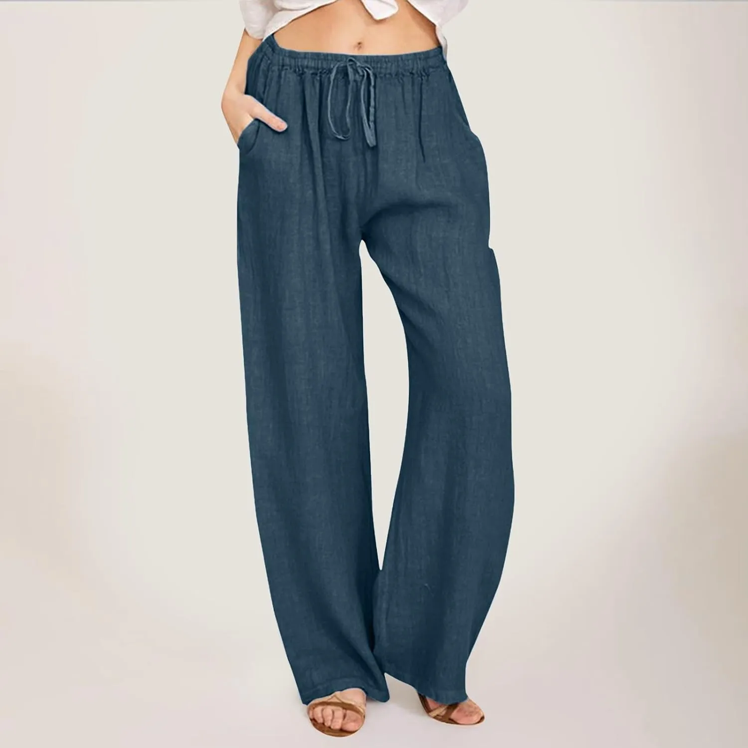 Womens Casual Linen Pants Baggy High Waist Drawstring Straight Leg Pants Summer Lounge Trousers with Pockets