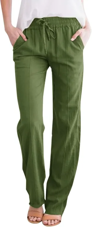 Womens Cotton Linen Baggy Wide Leg Pants Casual Drawstring Elastic Waisted Palazzo Harem Trousers with Pockets