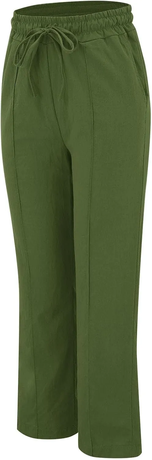 Womens Cotton Linen Baggy Wide Leg Pants Casual Drawstring Elastic Waisted Palazzo Harem Trousers with Pockets