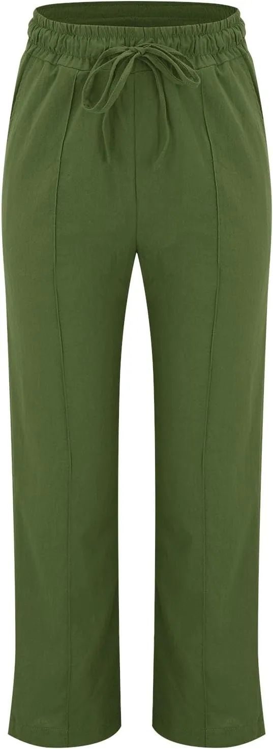 Womens Cotton Linen Baggy Wide Leg Pants Casual Drawstring Elastic Waisted Palazzo Harem Trousers with Pockets