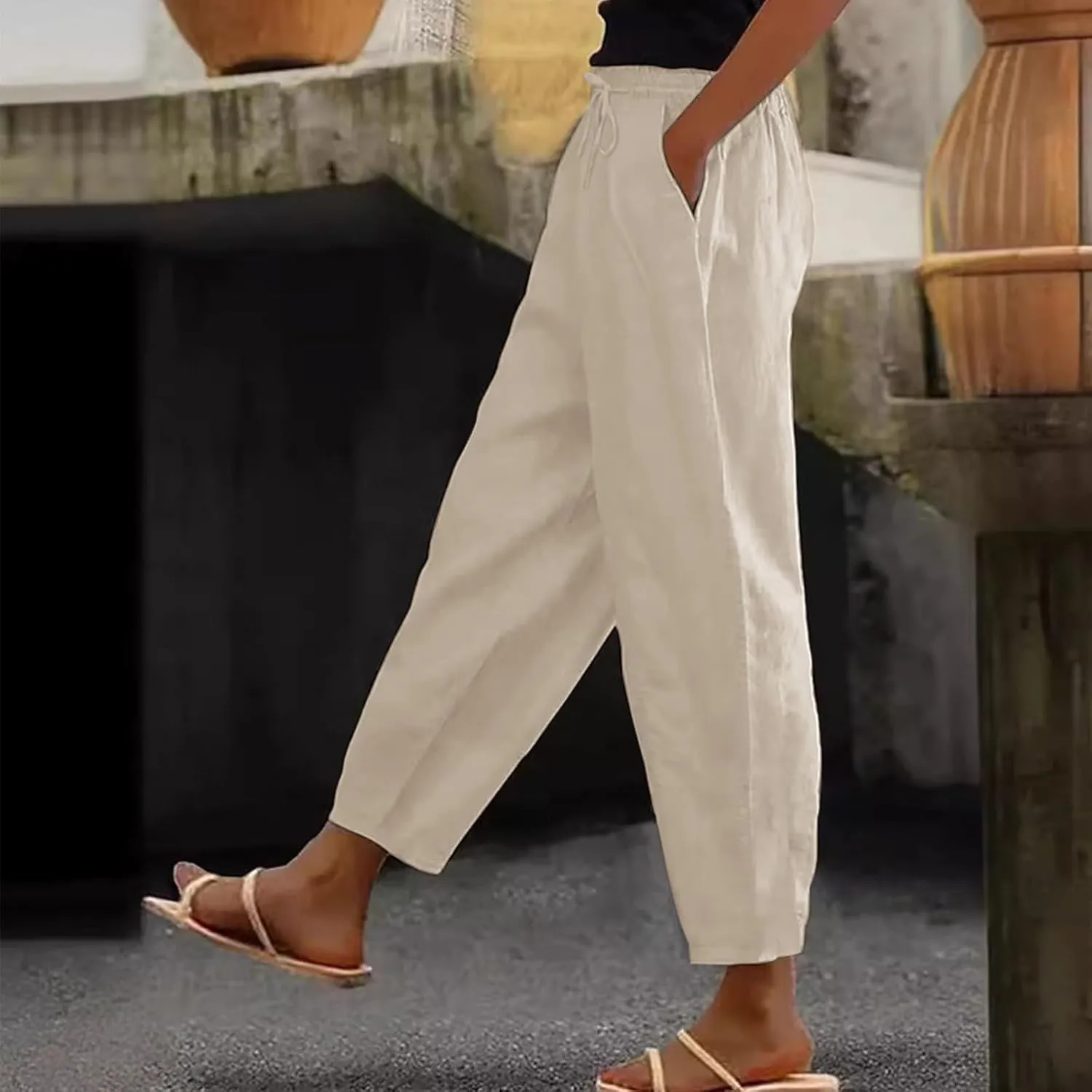 Womens Cotton Linen Palazzo Pants Drawstring Elastic Waist Casual Beach Pants Summer Wide Leg Trousers with Pockets