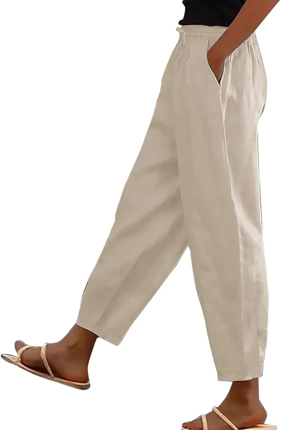 Womens Cotton Linen Palazzo Pants Drawstring Elastic Waist Casual Beach Pants Summer Wide Leg Trousers with Pockets