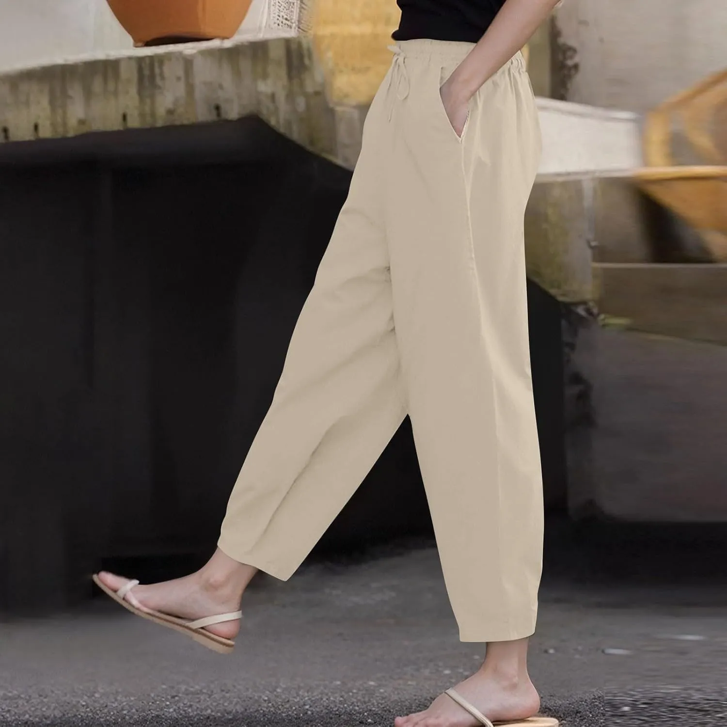 Womens Cotton Linen Palazzo Pants Drawstring Elastic Waist Casual Beach Pants Summer Wide Leg Trousers with Pockets