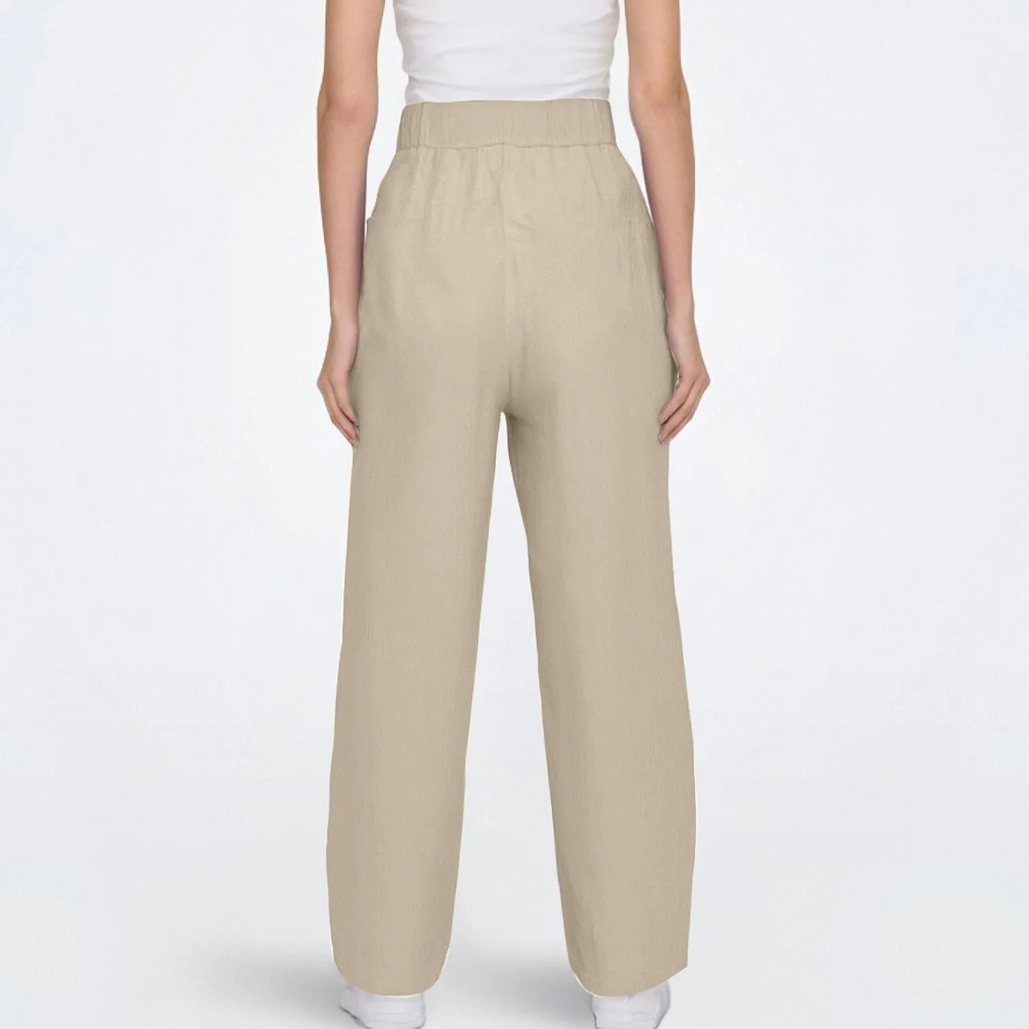 Womens Cotton Linen Palazzo Pants Drawstring Elastic Waist Casual Beach Pants Summer Wide Leg Trousers with Pockets