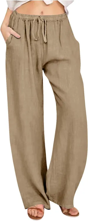 Women's Cotton Linen Palazzo Pants Elastic Waisted Wide Leg Pants with Pockets Summer Beach Trousers Casual Pant