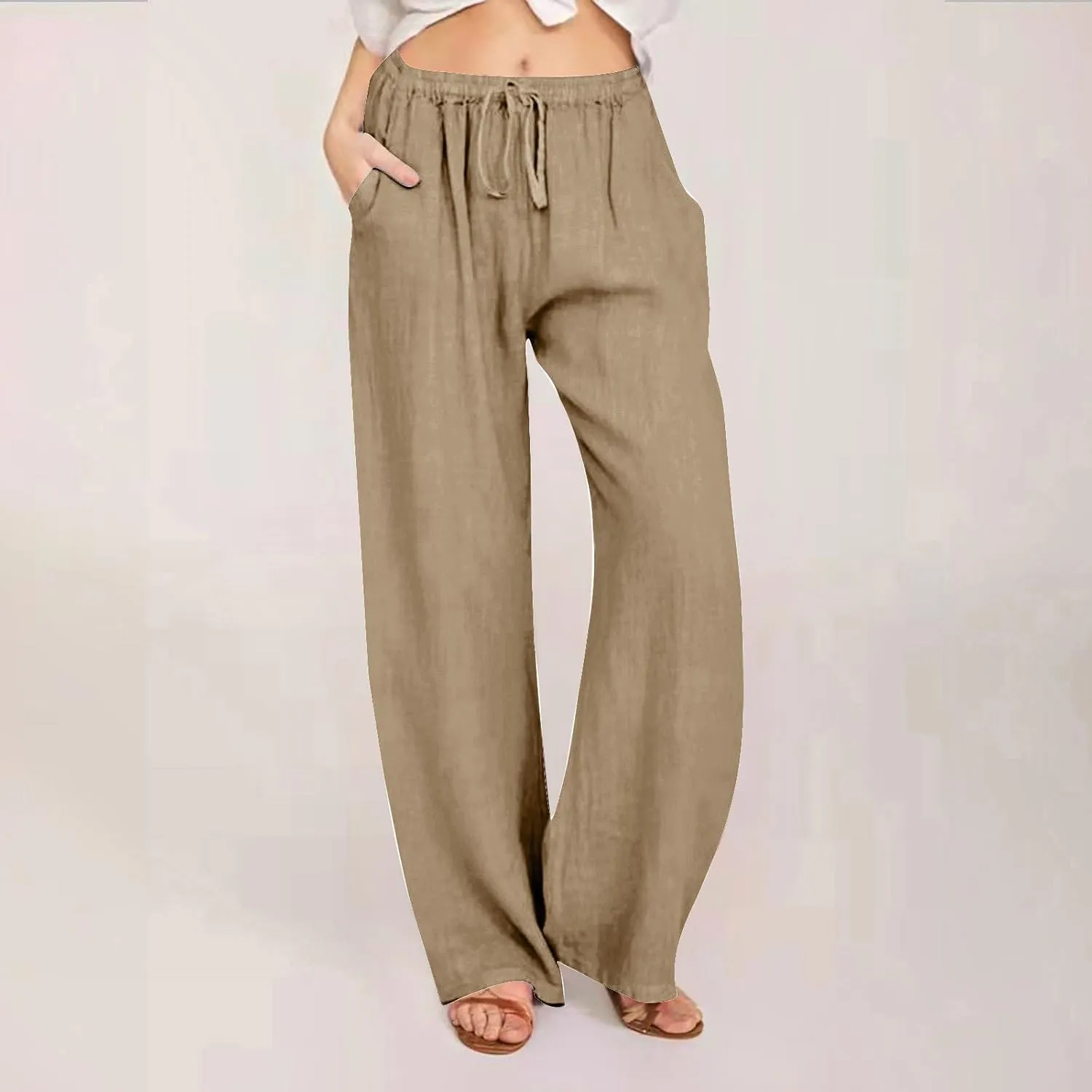 Women's Cotton Linen Palazzo Pants Elastic Waisted Wide Leg Pants with Pockets Summer Beach Trousers Casual Pant