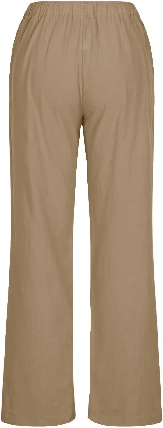 Women's Cotton Linen Palazzo Pants Elastic Waisted Wide Leg Pants with Pockets Summer Beach Trousers Casual Pant