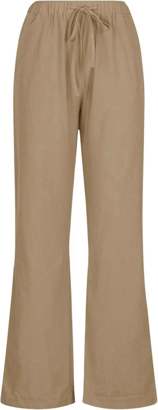 Women's Cotton Linen Palazzo Pants Elastic Waisted Wide Leg Pants with Pockets Summer Beach Trousers Casual Pant