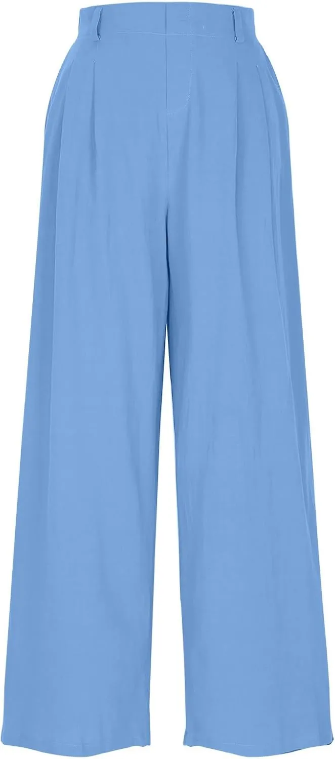 Womens Cotton Linen Pants 2025 Summer Casual Wide Leg Pants Loose Fit Elastic Waist Lounge Trousers with Pockets
