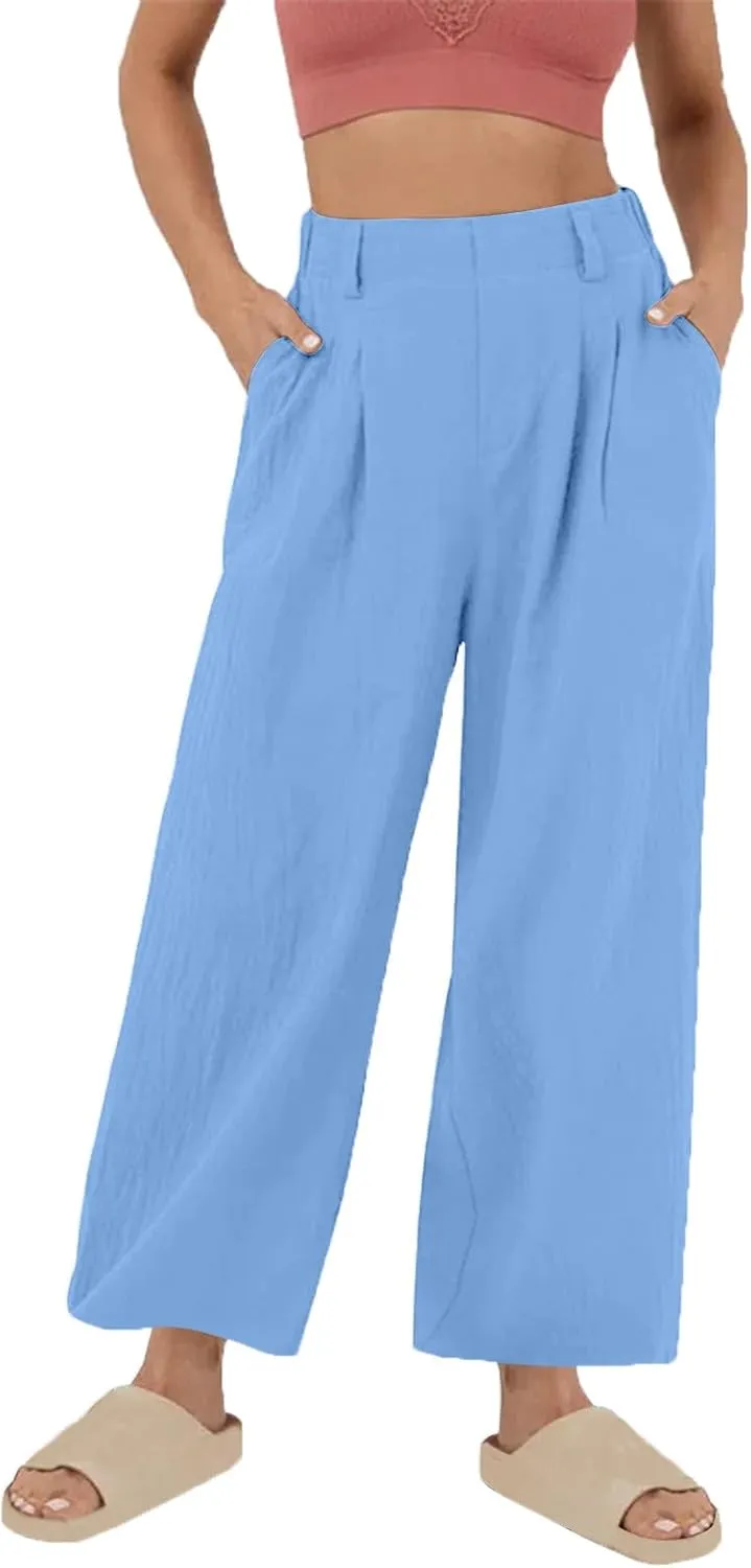 Womens Cotton Linen Pants 2025 Summer Casual Wide Leg Pants Loose Fit Elastic Waist Lounge Trousers with Pockets