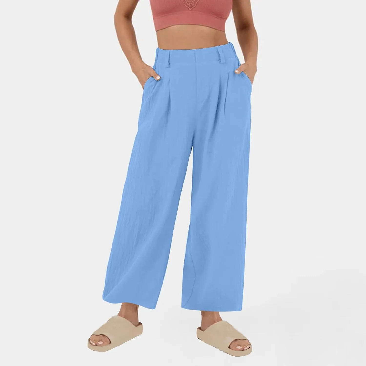 Womens Cotton Linen Pants 2025 Summer Casual Wide Leg Pants Loose Fit Elastic Waist Lounge Trousers with Pockets