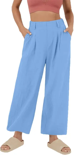 Womens Cotton Linen Pants 2025 Summer Casual Wide Leg Pants Loose Fit Elastic Waist Lounge Trousers with Pockets