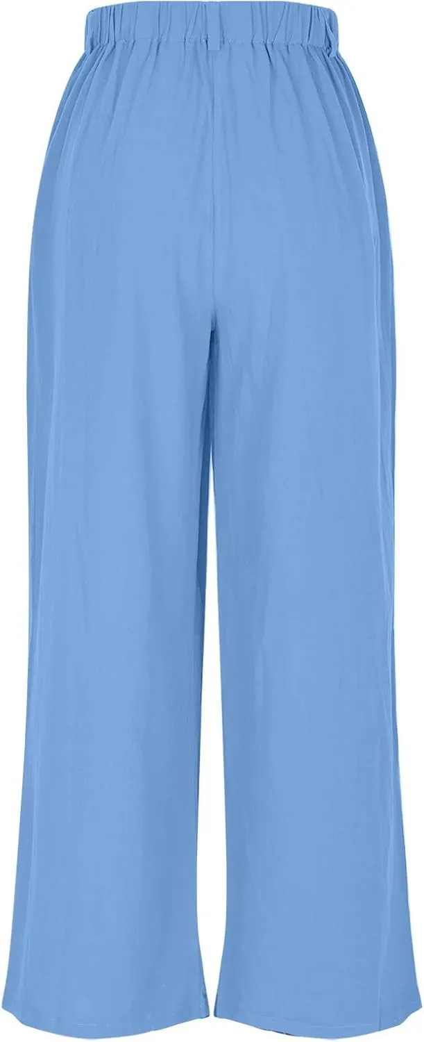 Womens Cotton Linen Pants 2025 Summer Casual Wide Leg Pants Loose Fit Elastic Waist Lounge Trousers with Pockets