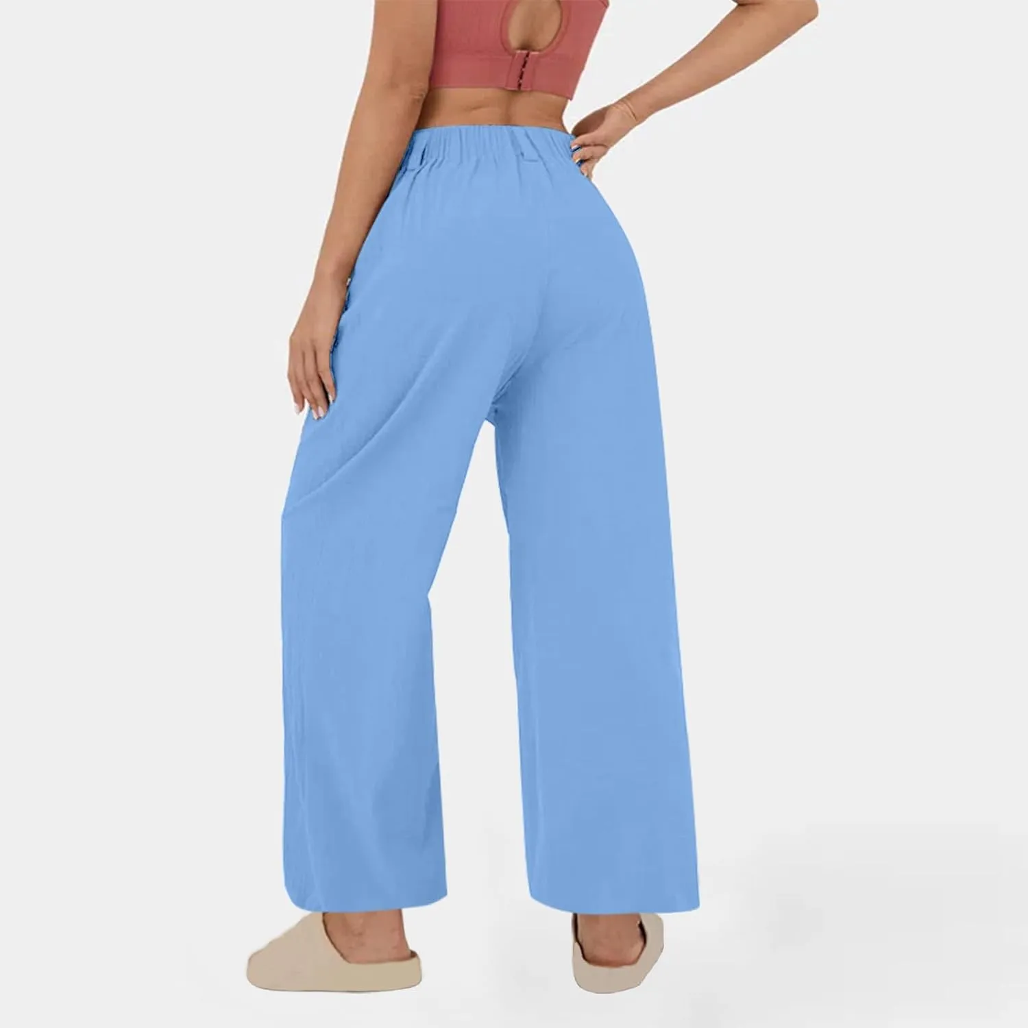 Womens Cotton Linen Pants 2025 Summer Casual Wide Leg Pants Loose Fit Elastic Waist Lounge Trousers with Pockets