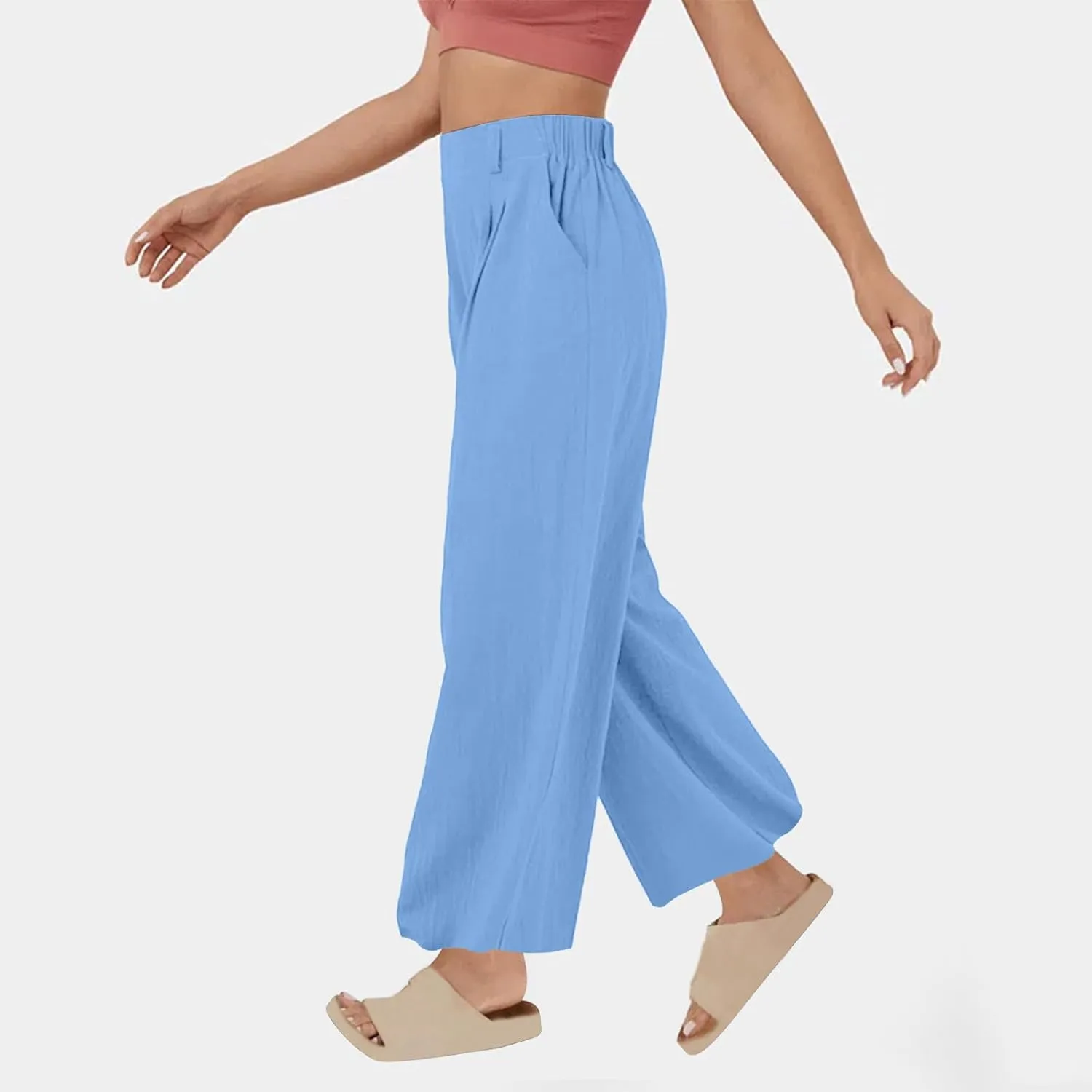 Womens Cotton Linen Pants 2025 Summer Casual Wide Leg Pants Loose Fit Elastic Waist Lounge Trousers with Pockets