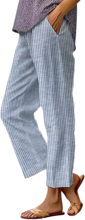 Women's Cotton Linen Pants Casual Boho Floral Print Elastic Waisted Drawstring Summer Palazzo Beach Baggy Capri Pant